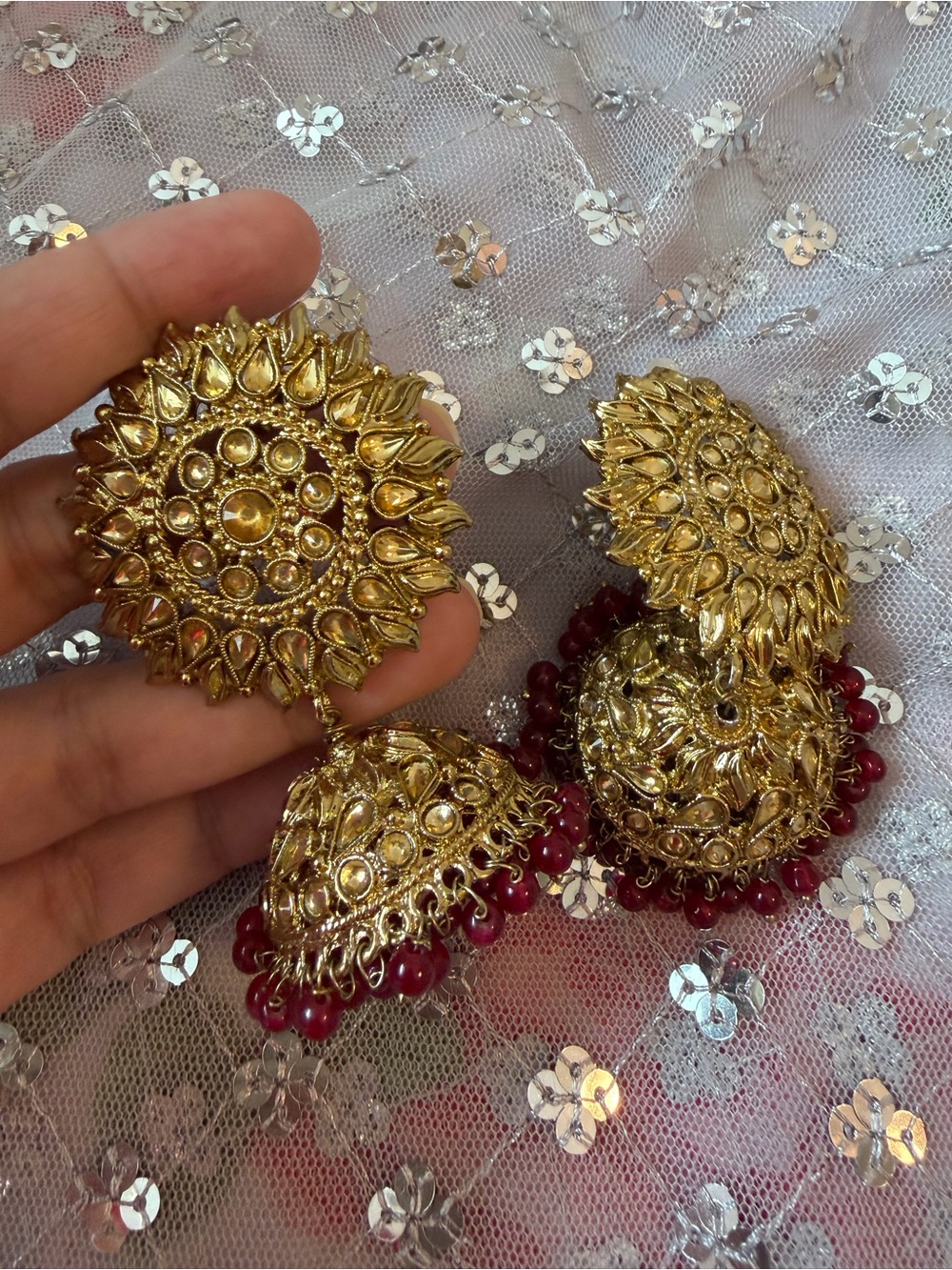 Gold and Maroon Traditional Jhumka Earrings - Women Jewelry